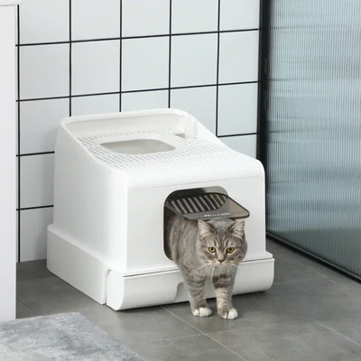Katzentoilette mit Abdeckung inkl. Schaufel, Einstieg vorne und oben, Weiss + Grau