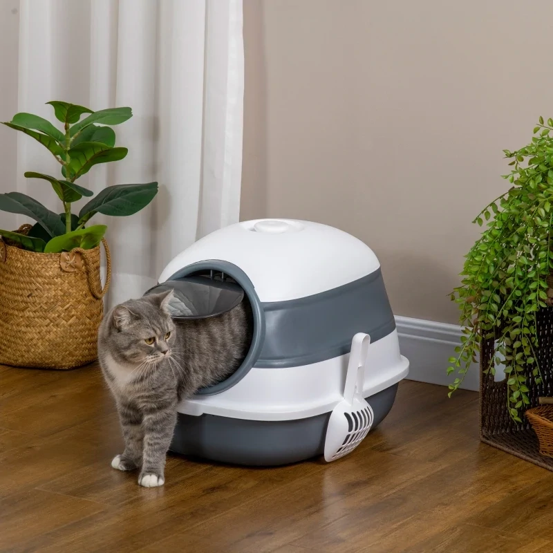 Katzentoilette, mit Streuschaufel, Eingang mit Bodengitter, abnehmbarer Deckel, weiss+grau,