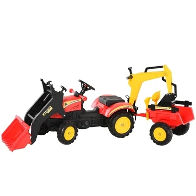 Tretauto mit Frontlader Traktor + Bagger für Kinder Rot