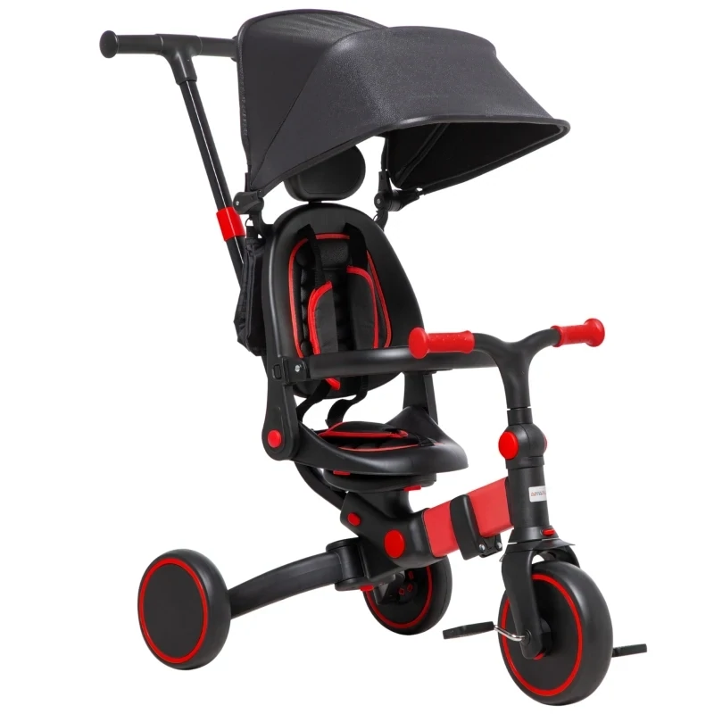 3-in-1 Kinderdreirad, Kinderwagen, Laufrad Schiebegriff, drehbarer Sitz, Dreipunktgurt, Aluminiumrahmen, rot