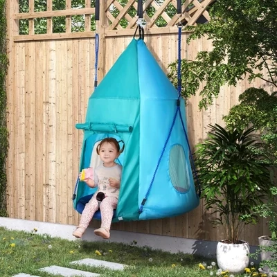 Nestschaukel mit Zelt, Ø100 cm, längenverstellbare Seile, blaugrün