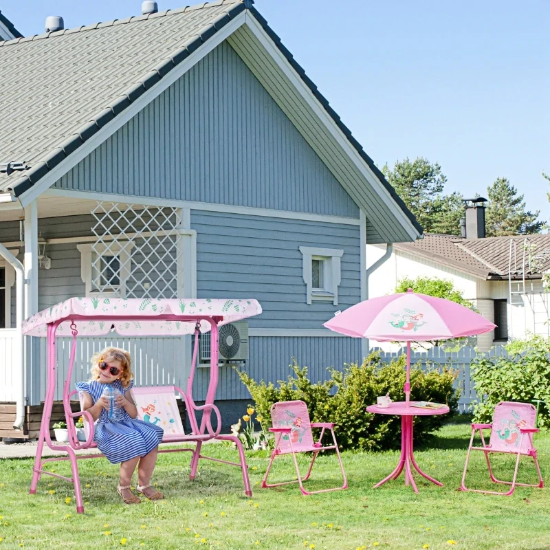 4-teiliges Gartenmöbel-Set für Kinder, mit Meerjungfrau-Motiv, 1 Hollywoodschaukel, 2 Stühle, 1 Sonnenschirm mit Tisch, Rosa