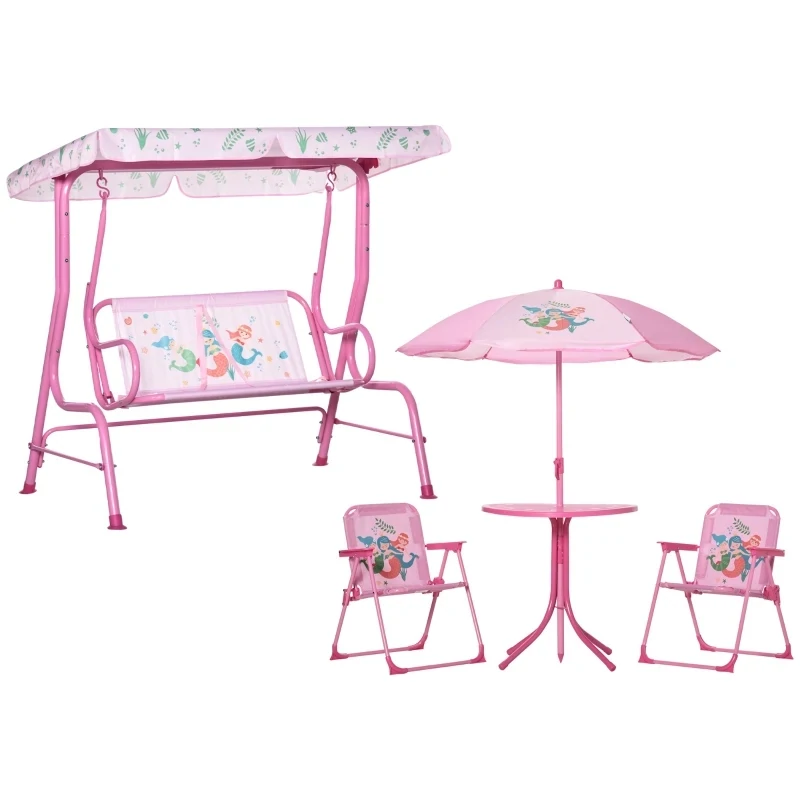 4-teiliges Gartenmöbel-Set für Kinder, mit Meerjungfrau-Motiv, 1 Hollywoodschaukel, 2 Stühle, 1 Sonnenschirm mit Tisch, Rosa