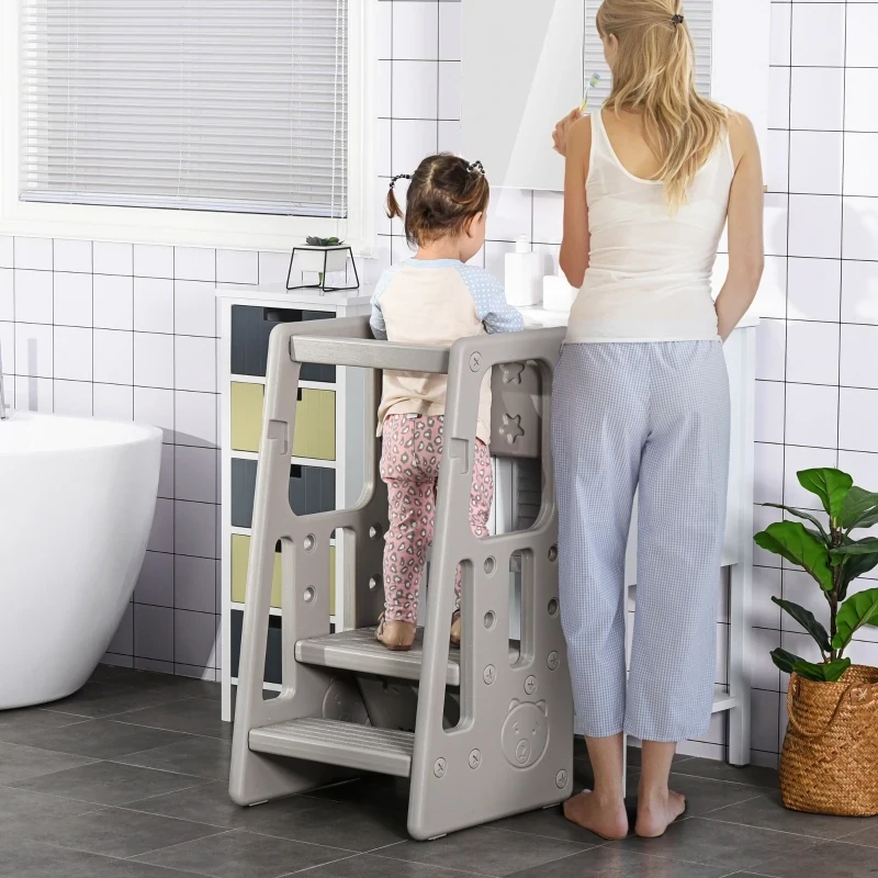 Lernturm für Kinder, 3-stufig höhenverstellbar, rutschfeste Füsse, robuster Kunststoff, grau,