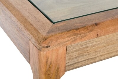 Holz Couchtisch inkl. Glasplatte und geschnitztem Ornament