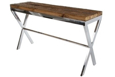 Tisch Konsole Xentury – Edelstahlgestell, Glasplatte, Holzschwellen, rustikaler Vintage-Look