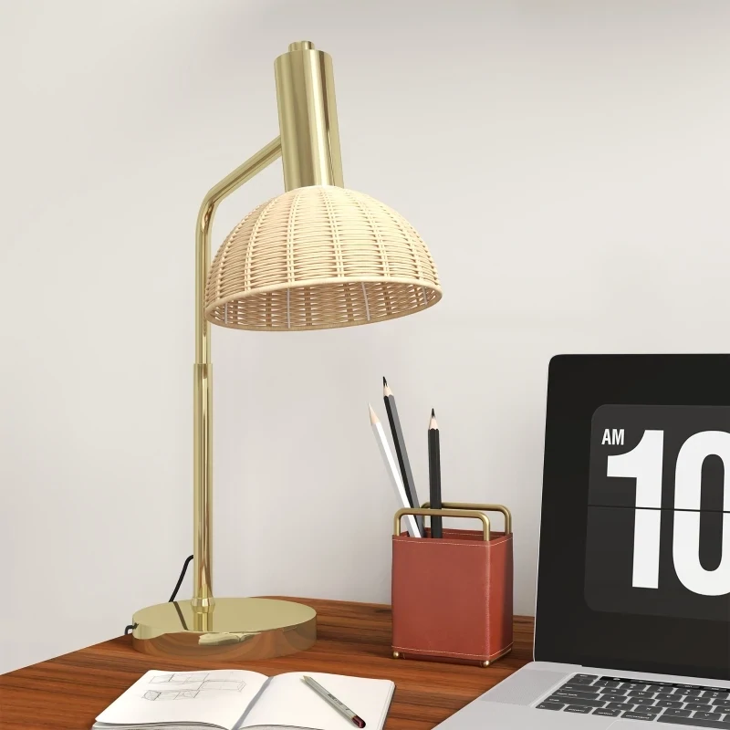 Tischlampe mit Rattan-Lampenschirm, Metallrahmen, inkl. LED-Birne