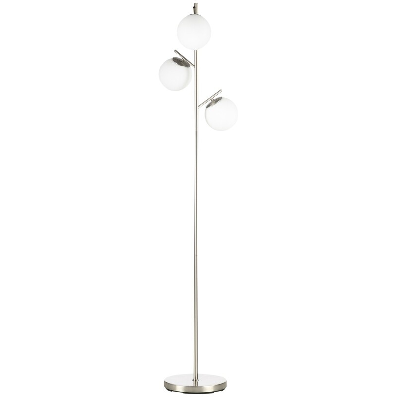 Stehlampe mit 3 Lampenschirmen aus Glas, Silber + Weiss