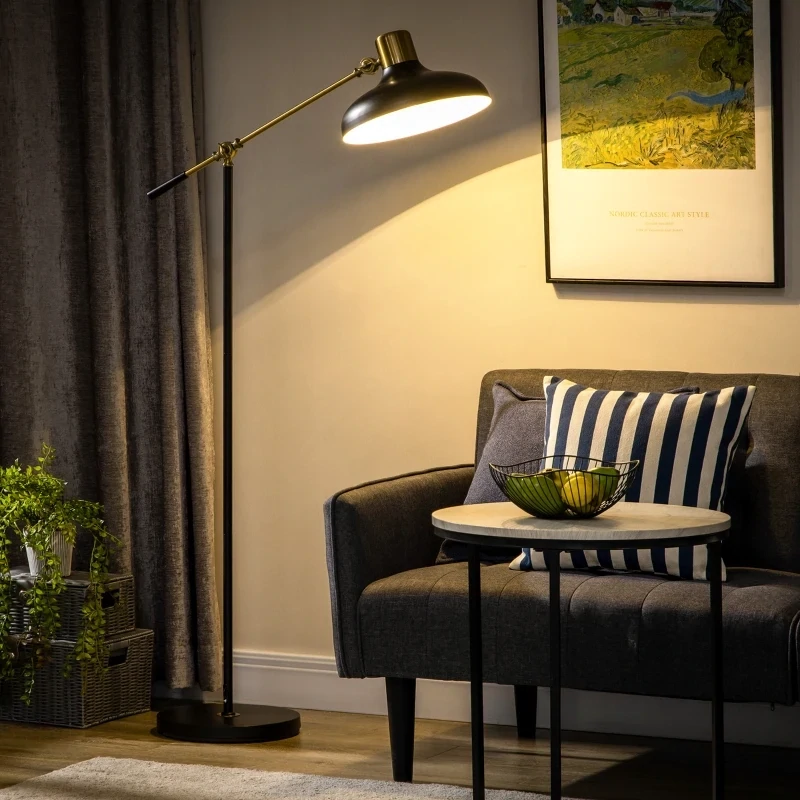 Stehlampe im Industriedesign, Stehlampe, Emaille, Schwarz + Gold