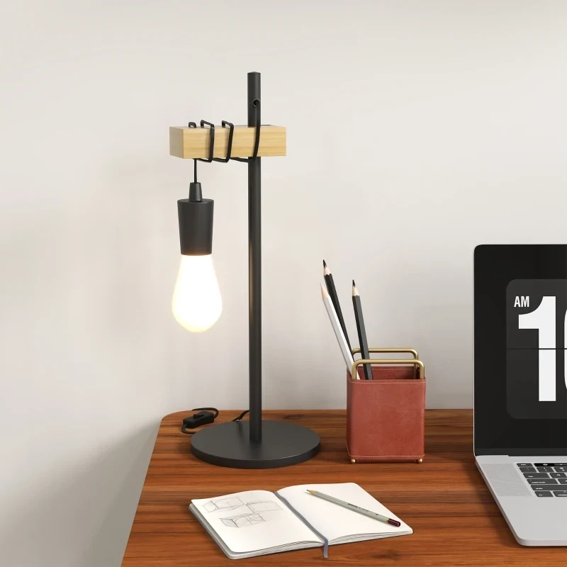 Tischlampe, Industrial Stil, inkl. LED, höhenverstellbar, schwarz+Holz