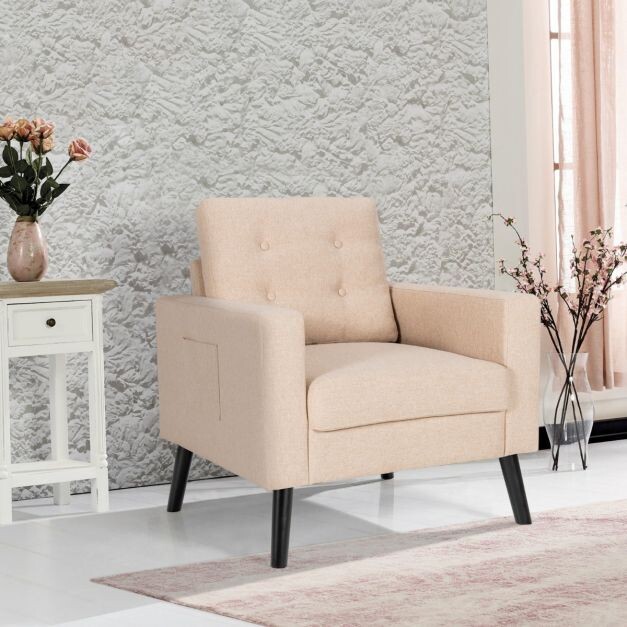 Sessel mit 2 Seitentaschen Ohrensessel mit Armlehnen und Rückenkissen beige