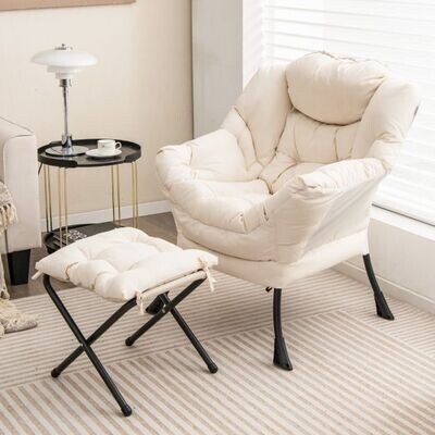 Relaxsessel mit Hocker &amp; Armlehnen &amp; Seitentasche &amp; Fussstütze beige