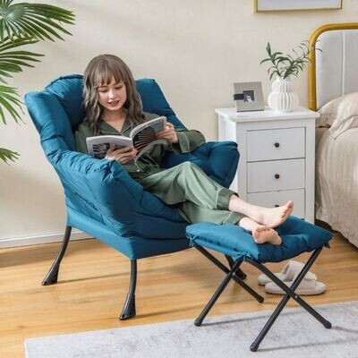 Relaxsessel mit Hocker &amp; Armlehnen &amp; Seitentasche &amp; Fussstütze blau