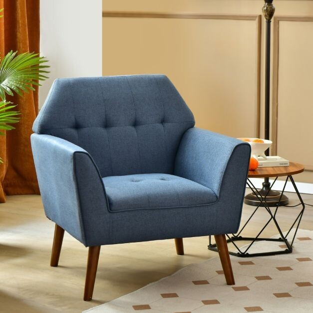 Modernes Polstersessel mit Gummiholzbeinen und Rückenlehne blau