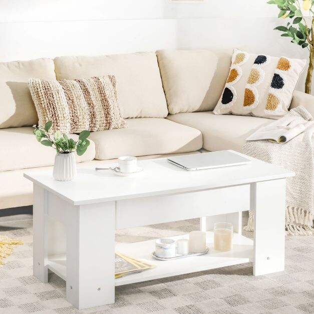 Höhenverstellbarer Couchtisch aus Holz mit Hebeplatte &amp; Ablagefach Kaffeetisch Weiss