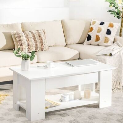 Höhenverstellbarer Couchtisch aus Holz mit Hebeplatte &amp; Ablagefach Kaffeetisch Weiss
