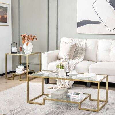 Couchtisch mit Glas Tischplatte &amp; Metallrahmen Gold