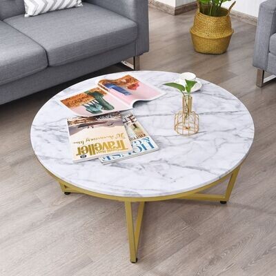 Couchtisch rund mit weisser Marmoroptik MDF Metallrahmen