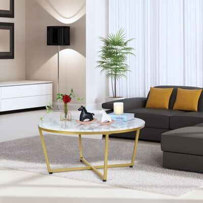 Couchtisch rund mit weisser Marmoroptik MDF Metallrahmen
