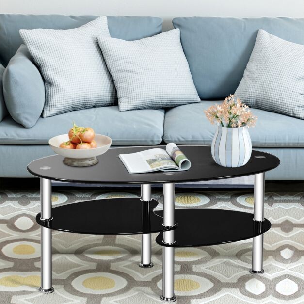 3 Ebenen Glastisch mit Modernem Ovalen Design Schwarz