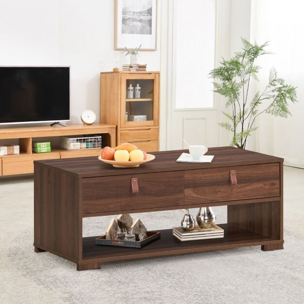 Industrieller Couchtisch mit 2 Schubladen und offenem Ablagefach Nussbaum