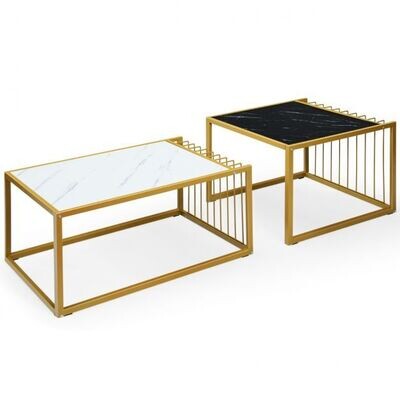 2 x Beistelltisch Set Couchtisch Satztische Marmoroptik Gelb + Schwarz + Weiss