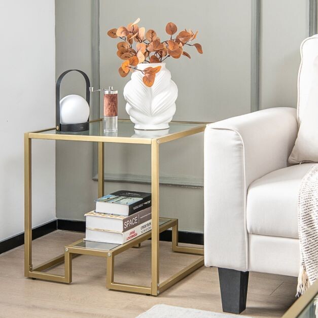 Beistelltisch mit Glas Tischplatte &amp; Metallrahmen Quadratisch Gold