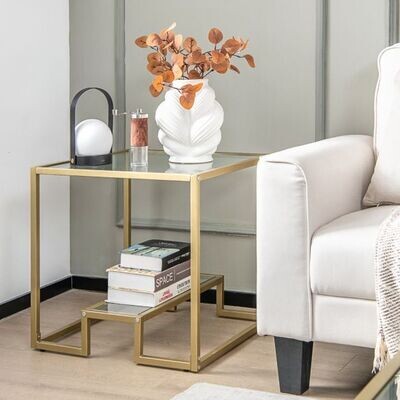 Beistelltisch mit Glas Tischplatte &amp; Metallrahmen Quadratisch Gold