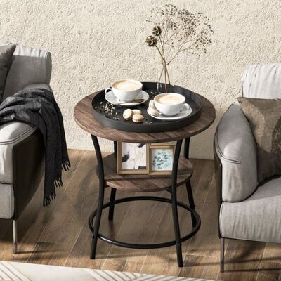 2 Ebenen Beistelltisch Rund Nachttisch mit Metallrahmen 55 x 55 x 56 cm Braun