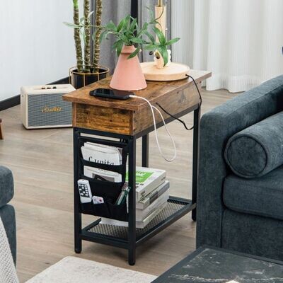 Beistelltisch mit USB-Ladestation Schmaler Couchtisch 60 x 30 x 58,5 cm Braun