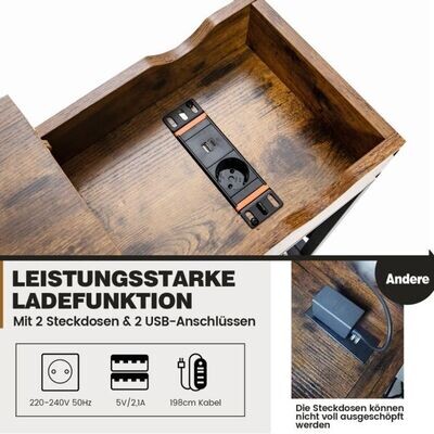 Beistelltisch mit USB-Ladestation Schmaler Couchtisch 60 x 30 x 58,5 cm Braun