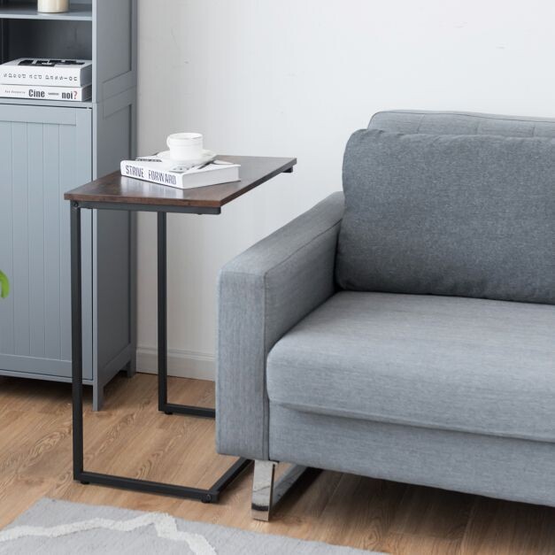 Beistelltisch Holz Metall Laptoptisch C-förmig Sofatisch Schwarz + Braun