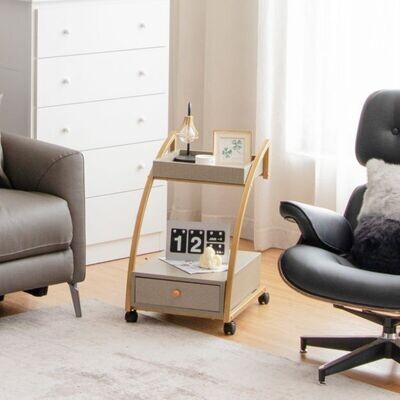 Mobiler Rollender Beistelltisch mit Ablage und Schublade Grau &amp; Golden