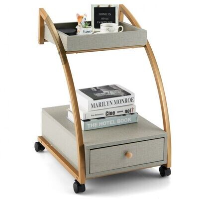 Mobiler Rollender Beistelltisch mit Ablage und Schublade Grau & Golden
