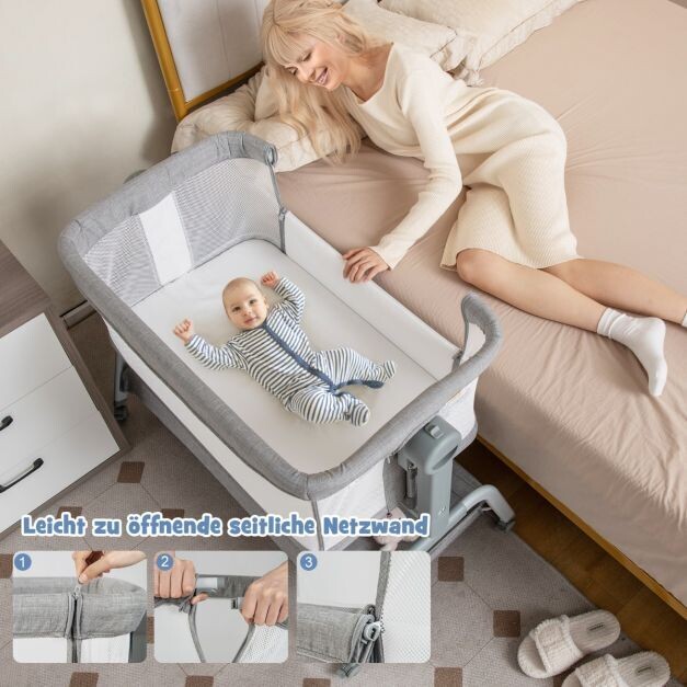 4 in 1 Mobiles Babybett mit Moskitonetz & Matratze 6-fach verstellbar grau