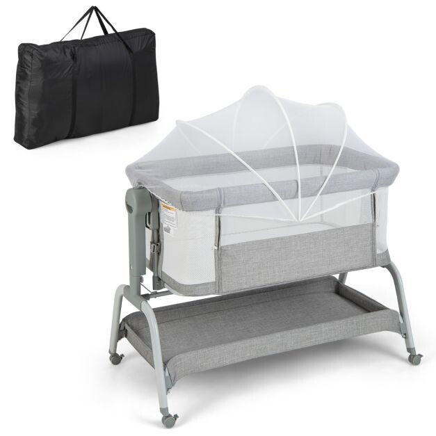 4 in 1 Mobiles Babybett mit Moskitonetz &amp; Matratze  6-fach verstellbar grau