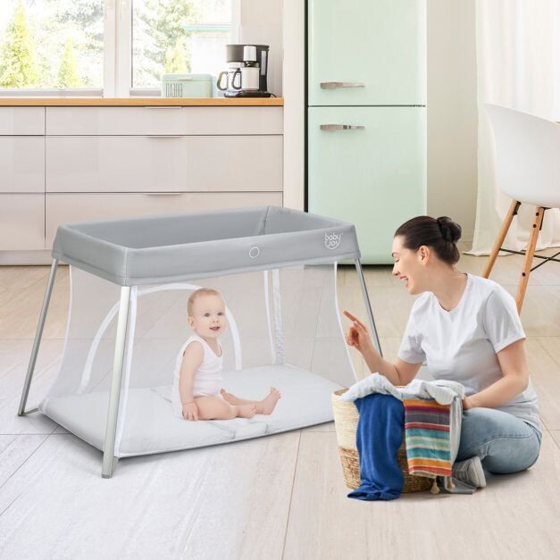 Ein-Knopf-klappbares Babybett mit Matratze &amp; Reissverschlusstür &amp; Tragetasche Hellgrau