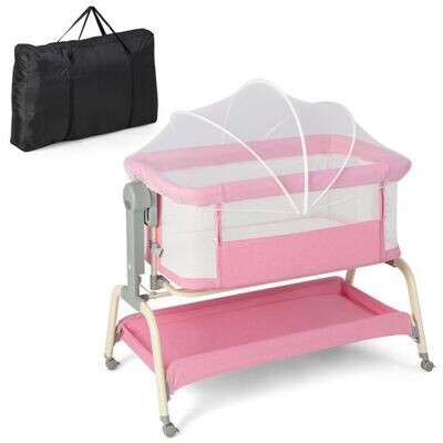 4 in 1 Mobiles Babybett mit Moskitonetz &amp; Matratze  6-fach verstellbar rosa