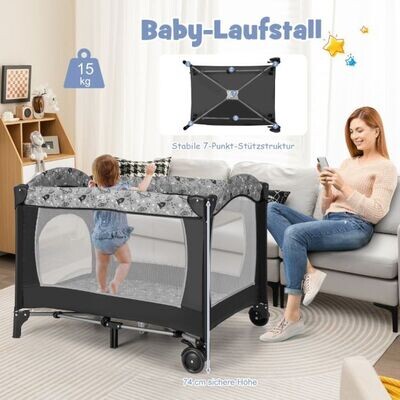 4 in1 Beistellbett Klappbar Reisebett mit Matratze Hängespielzeug Grau