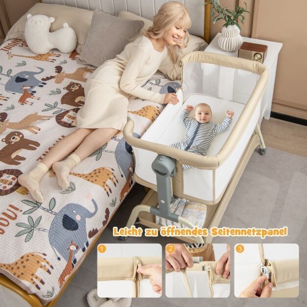 4 in 1 Mobiles Babybett mit Moskitonetz & Matratze 6-fach verstellbar beige