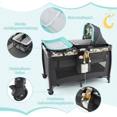 4-in-1-Babybett Tragbares Beistellbett mit Wiege & Wickeltisch blau