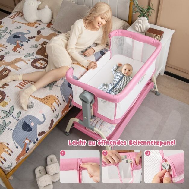 4 in 1 Mobiles Babybett mit Moskitonetz & Matratze 6-fach verstellbar rosa