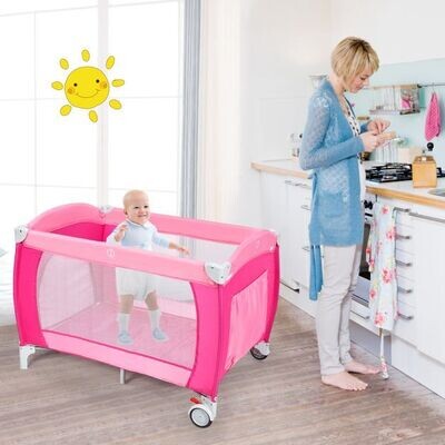 4 in 1 Klappbares Reisebett & Babywiege & Wickeltisch & Laufstall mit Schaukelfunktion Rosa