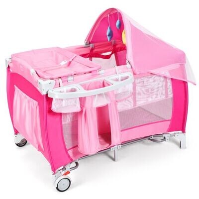 4 in 1 Klappbares Reisebett &amp; Babywiege &amp; Wickeltisch &amp; Laufstall mit Schaukelfunktion Rosa