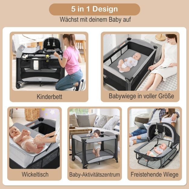 Tragbares 5-in-1-Babybett mit Reisebett & Wiege & Laufstall & Wickeltisch Schwarz + Grau