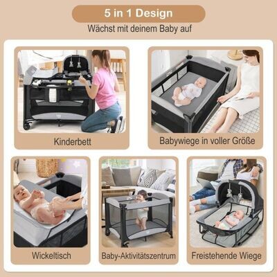 Tragbares 5-in-1-Babybett mit Reisebett &amp; Wiege &amp; Laufstall &amp; Wickeltisch Schwarz + Grau