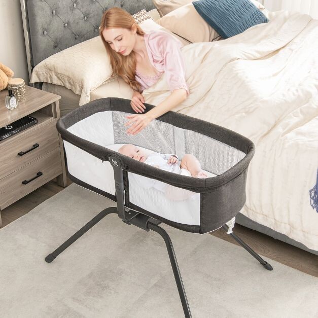 Babybett mit Matratze Manuelle Schaukelwiege Grau + Weiss