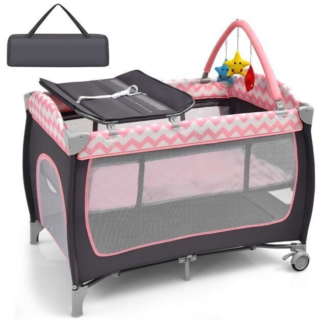 3-in-1-Babybett Tragbares Reisebett mit Spielzeugstange Rosa