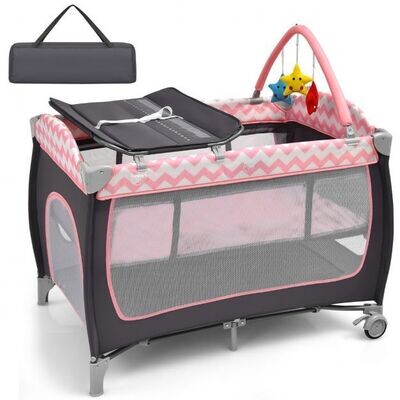 3-in-1-Babybett Tragbares Reisebett mit Spielzeugstange Rosa