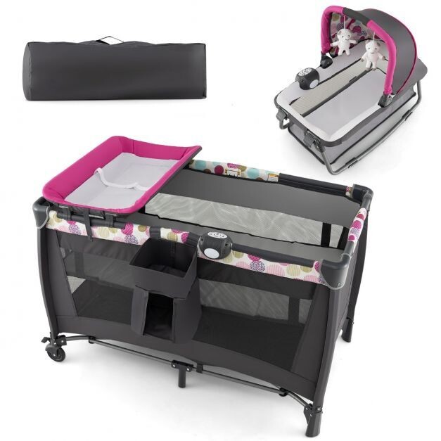 4-in-1-Baby-Laufstall Tragbares Babybett mit Wiege &amp; Wickeltisch Rosa